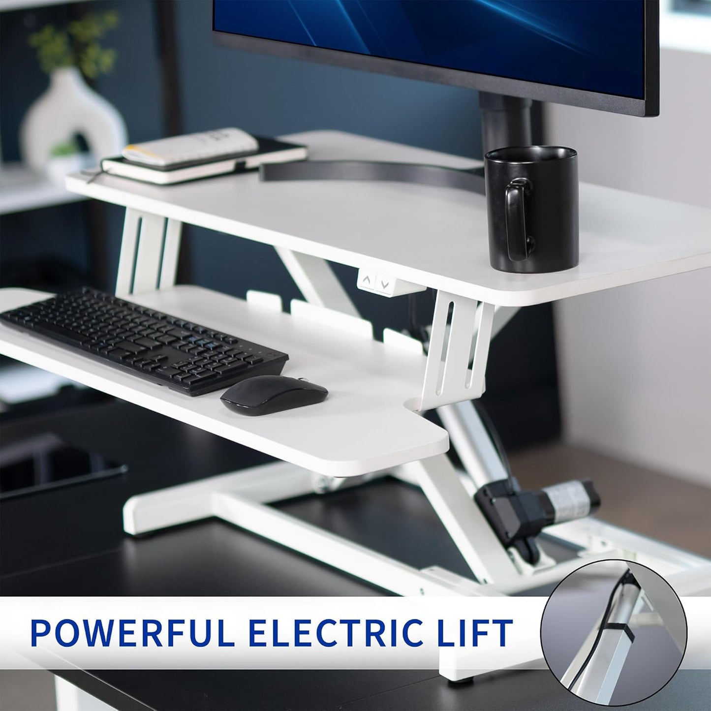 VIVO 36 inch Electric Motor Desk Converter, Height Adjustable Riser, Sit to Stand Dual Monitor and Laptop Workstation with Wide Keyboard Tray, White, DESK-VE36W