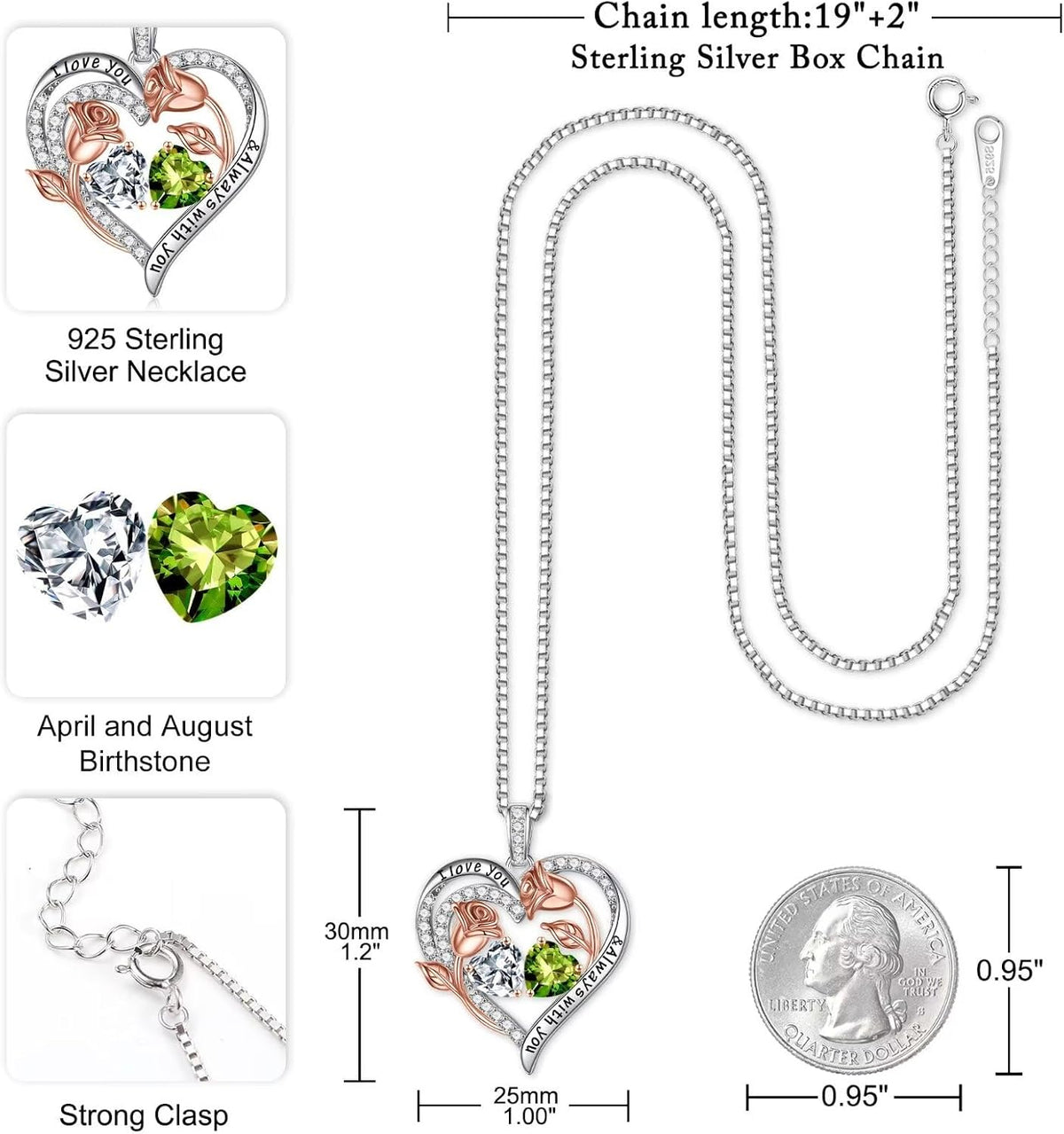Iefil Birthstone Necklace for Women - Rose Heart Necklace