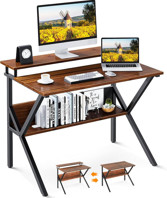 ODK Small Desk, 27.5 Inch Computer Desk for Small Spaces, Study Desk with Storage & Monitor Stand, Deep Brown