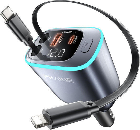 iPhone Car Charger, Retractable Fast USB C Phone Charger, 4 in 1 Cigarette Lighter Adapter with 2 Cables 25 Inch and 2 USB Ports, Multi Port USB Car Charging for iPhone 17/16/15/14/13/Pro Max