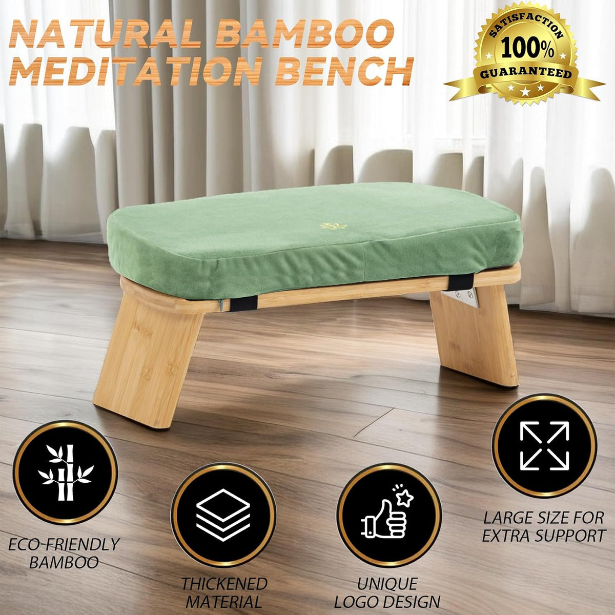 Bamboo Meditation Bench, Foldable Prayer Stool (Green)