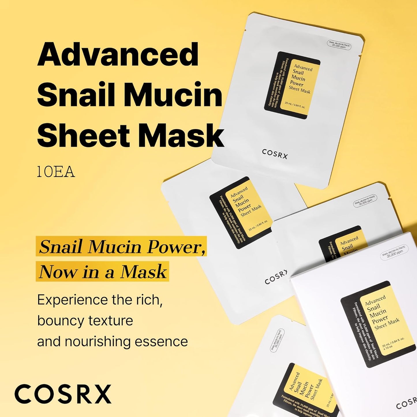 COSRX Snail Mucin Sheet Mask 10 EA with Snail Mucin Serum, Hydrating Face Sheet Masks for Dry & Sensitive Skin, Korean Face Mask, Korean Skin Care