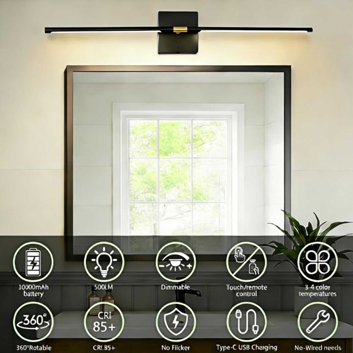 iThird Battery Operated Wall Sconces Set of 2: 10000mAh Rechargeable Wireless Wall Lights, 360° Rotatable Magnetic Wall Lamp, 4CCT Dimmable LED Wall Lighting for Bedroom Living Room Hallway, 31.7in