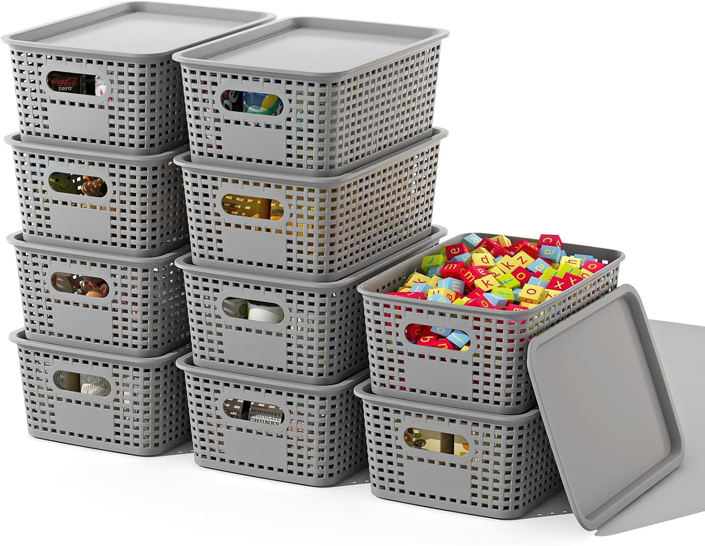 ORGIDOL Plastic Storage Basket with Lids 10 Pack Stackable Storage Bins Containers with Lid, Decorative Storage Boxes for Organizing Shelves, Drawers, Playroom, Classroom, Office, Closet, Grey
