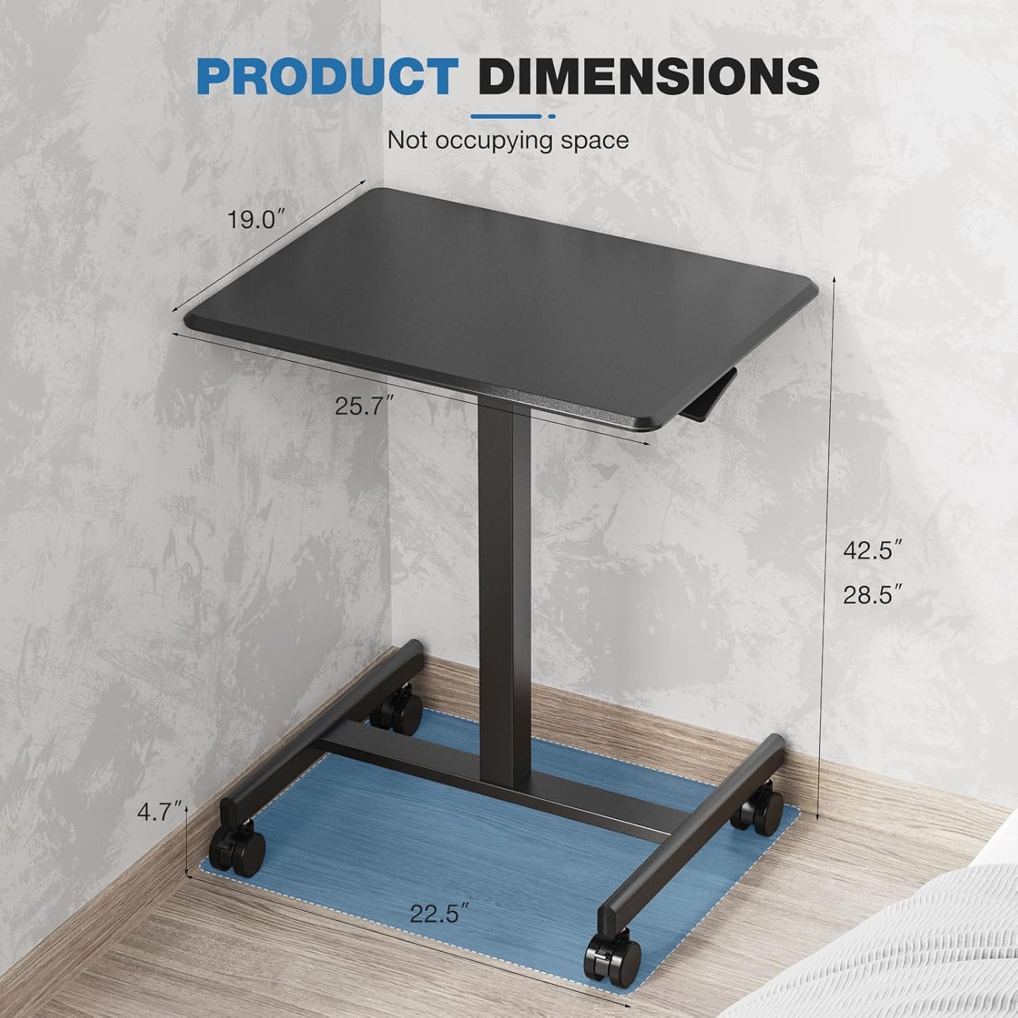 OLIXIS Mobile Rolling Desk with Wheels Small Standing Laptop Desks Portable Pneumatic Adjustable Height Sit Stand Table Computer Workstation for Home Office Black