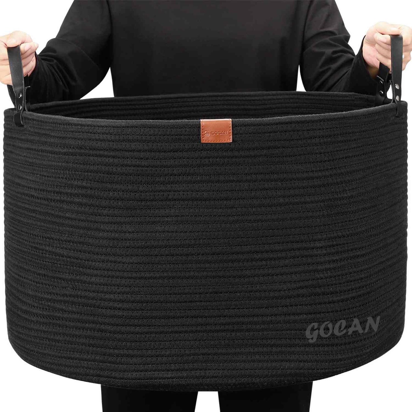 Cotton Rope Woven Laundry Basket 22"X 22"X 14" with handles (Pure Blk) XXXL | Hand-woven, ideal for storing blankets and cushions in the living room, and clothes for household storage.