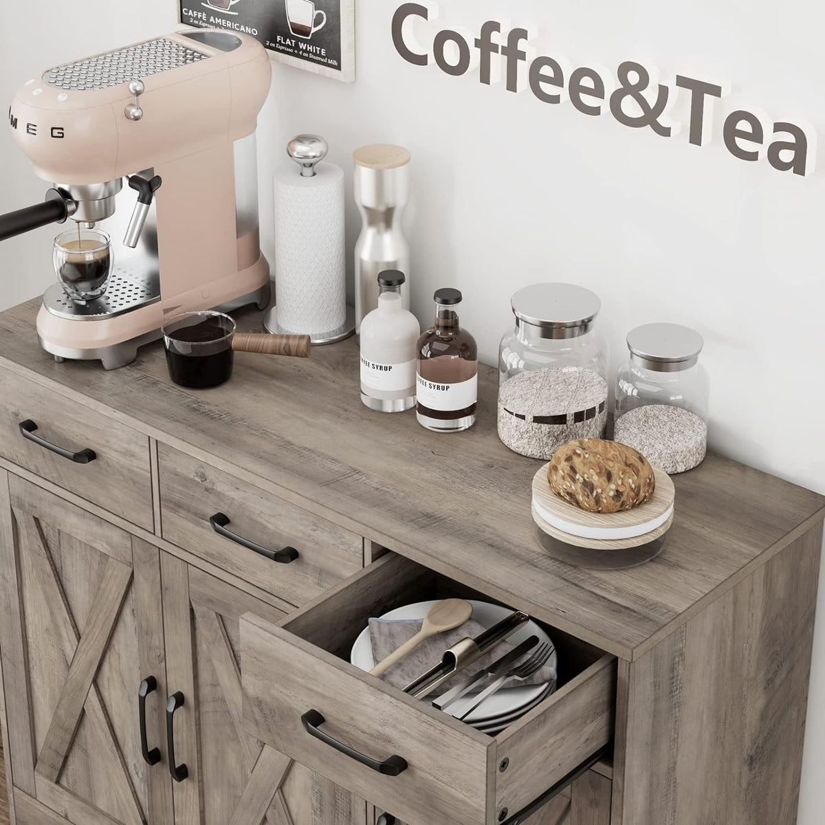 HOSTACK Kitchen Buffet Cabinet with Storage, Sideboard Coffee Bar, Grey | Farmhouse Kitchen Storage Cabinet with 3 Drawers & Adjustable Shelf, 42.5"W Buffet Table for Dining Living Room, White