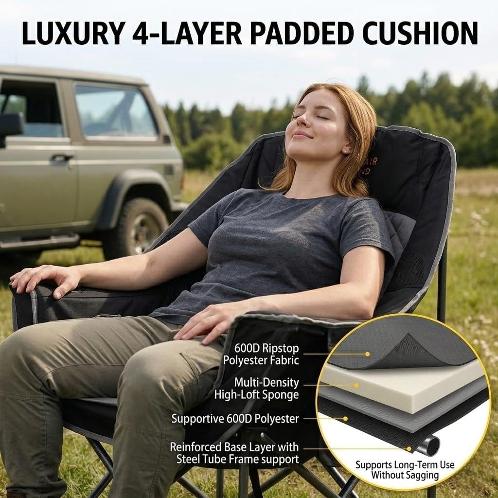 FAIR WIND 2 Pack Oversized Padded Camping Chair Heavy Duty Quad Fold Arm Chair Portable for Outdoor - Support 500LBS, Black