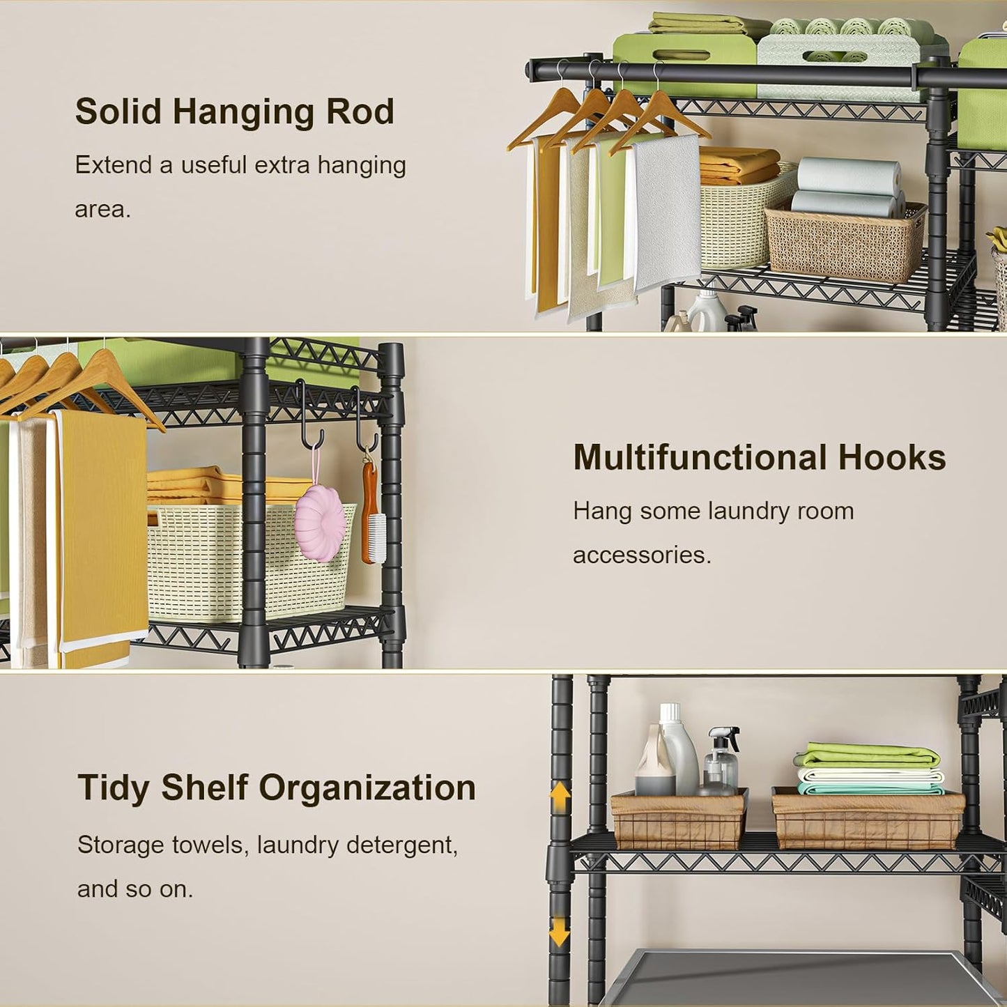 Ulif U13 Medium Over Washer and Dryer Storage Shelves, 6 Tiers Laundry Room Standing Shelf with 2 Hanger Rods, Space Saver Clothes Drying Rack, 57.8" W x 22" D x 77.4" H, Black