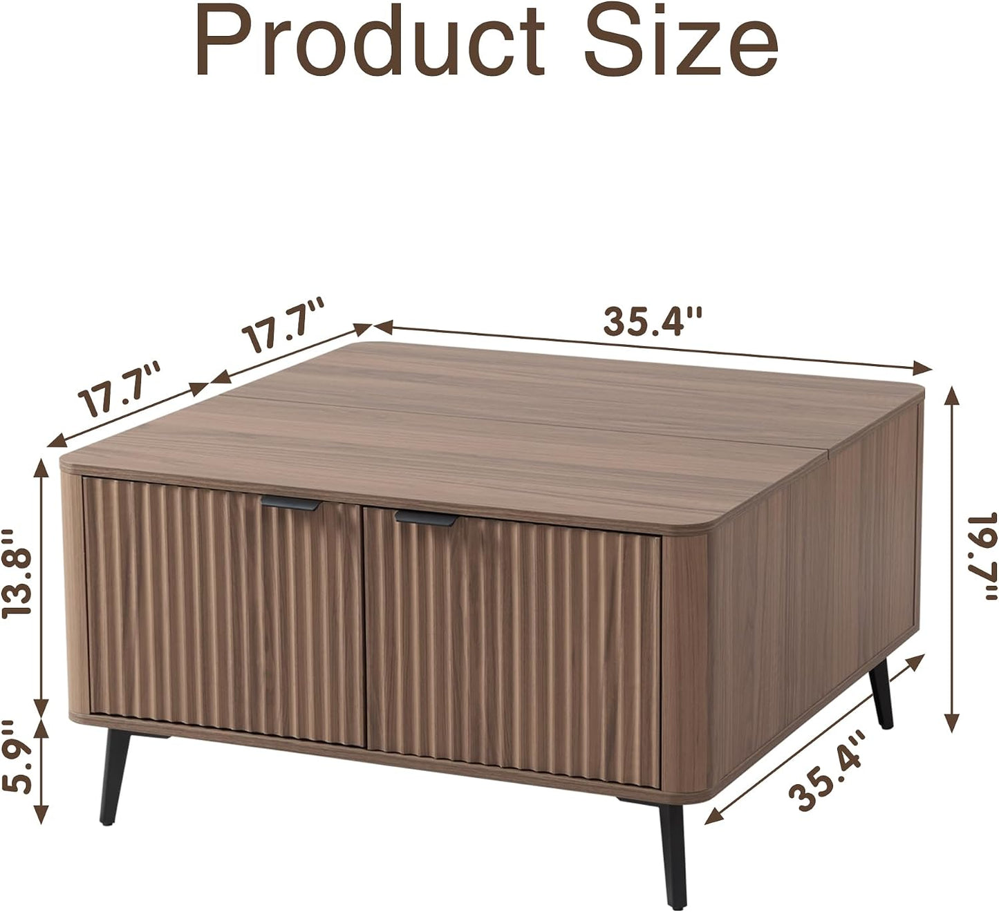 Fatmok Large Lift Top Coffee Table with Hidden Compartment, 35.4" Wide Oversized Square Coffee Table with Storage, Mid Century Modern Fluted Center Table for Home Living Room, Brown