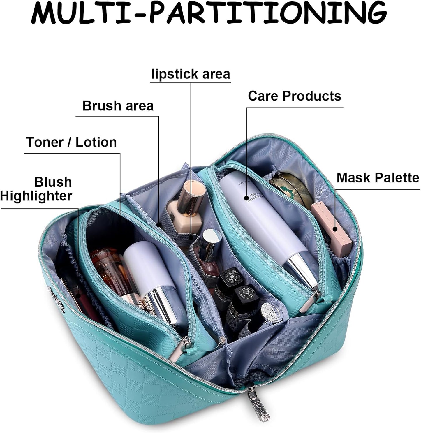 BOYATU Checkered Travel Makeup Bags: Vacation-Ready Light Blue Large Capacity Cosmetic Bag for Women - 3 Pcs Set Toiletry Organizer with Waterproof Leather - Easy to Clean Beach Trip Essential