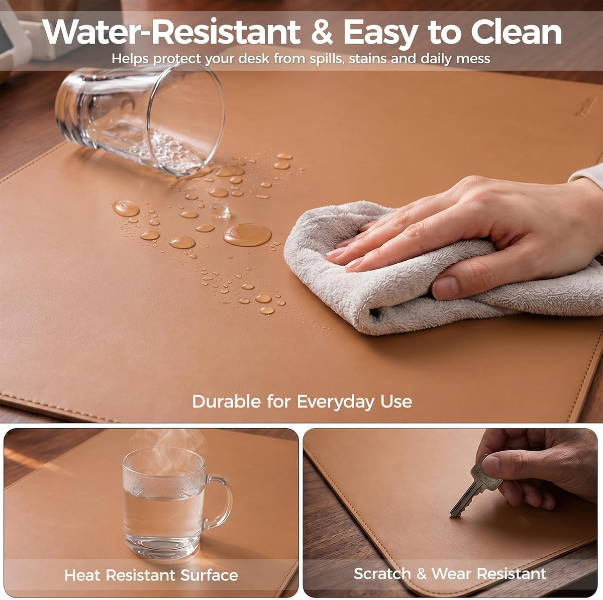 Large Desk Pad Non-Slip Desk Mat Protector for Keyboard Mouse Waterproof Vegan Leather Surface Faux Leather Laptop Mat Smooth Mouse Pad Premium Gift Tube Caramel Brown 31.5" x 15.7"