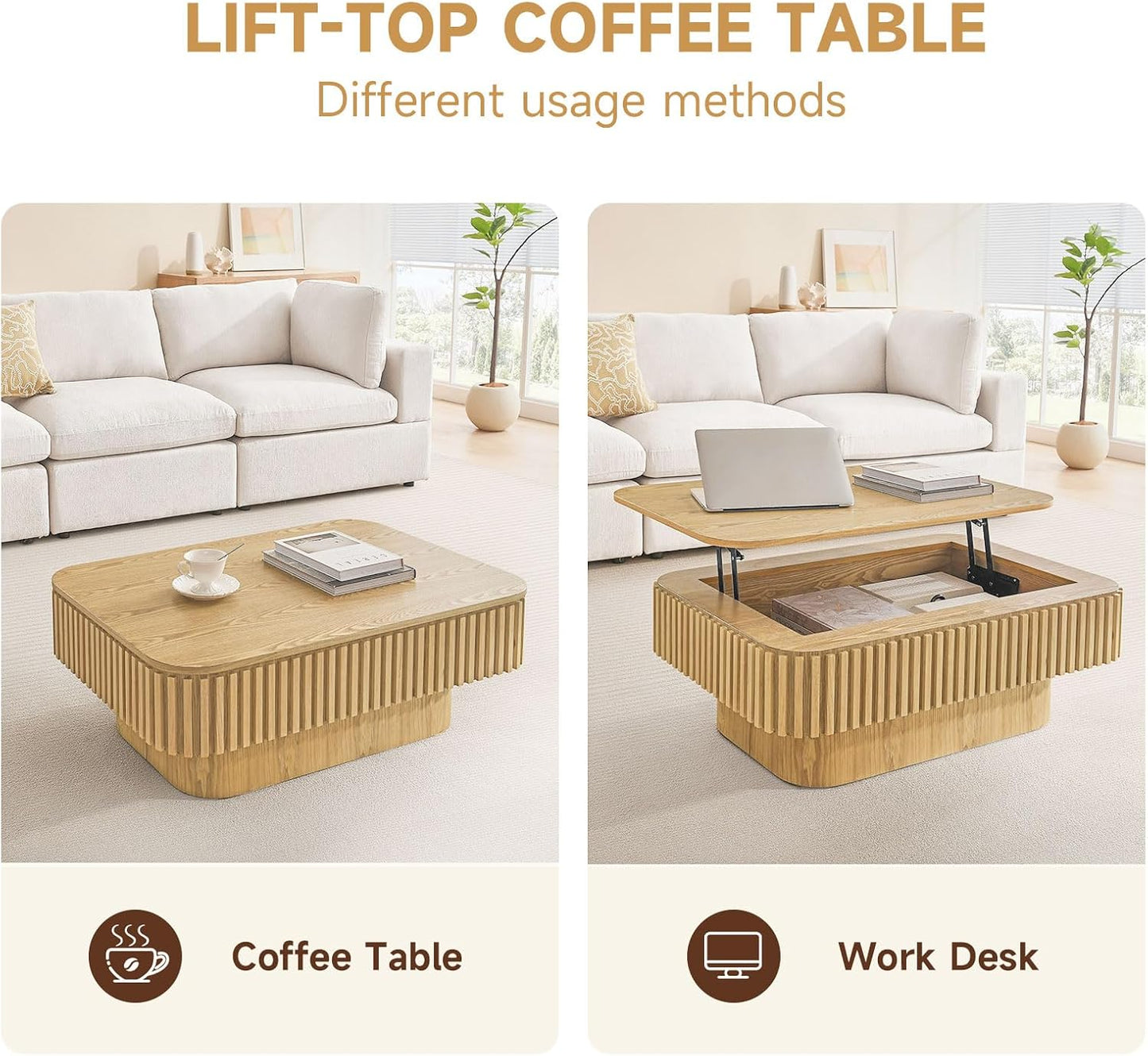 Lift Top Coffee Table for Living Room,Rectangle Handmade Solid Wood Strips, Fluted Coffee Table with Hidden Storage Compartment Small Space Office Apartment (38.6" L×26.8''W×13.8''H-Natural)