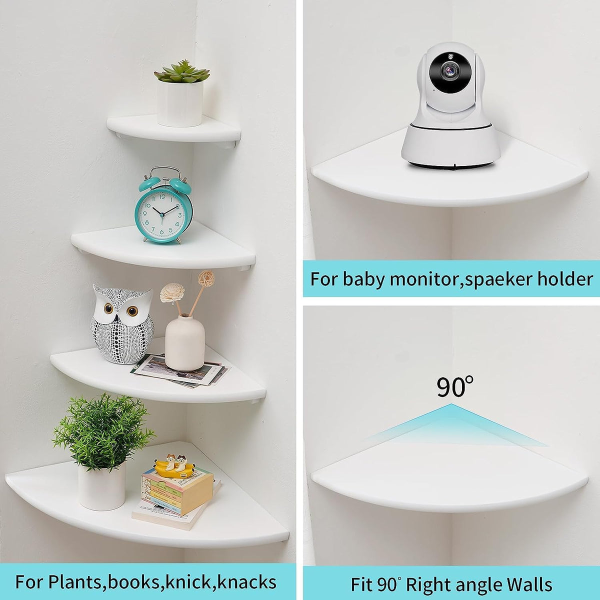 Corner Wall Shelves, White Floating Corner Shelf, Set of 2 16inch Solid Oak Wood Shelves, Round End Wall Mount Display Shelf with Wire Hole for Small Plant for Bedroom Kitchen, Living Room