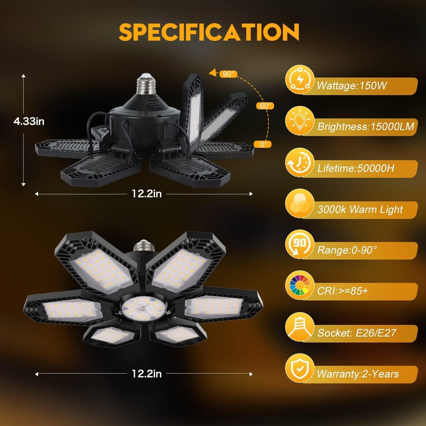 TANBABY 2 Pack LED Garage Warm Lights, 150W Deformable Garage Light Bulb, Total 12000LM 3000K Daylight, 6+1 Adjustable Panels, E26/E27 Screw-in Ceiling Light for Basement, Gift for Men