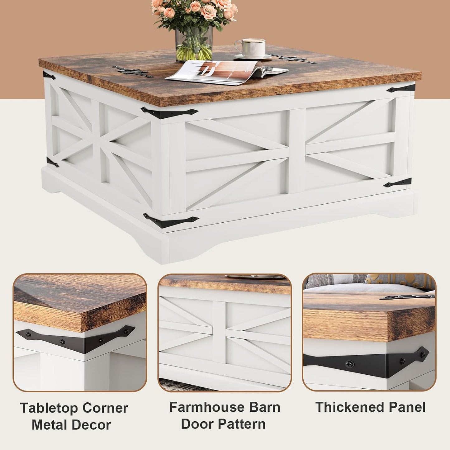 MXV Farmhouse Coffee Table with Storage, Square Coffee Tables for Living Room, Rustic Wood Center Table with Hinged Lifting Tabletop for Home, White