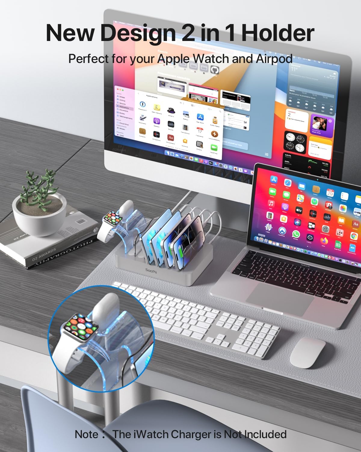 SooPii Premium 6-Port USB Charging Station Organizer for Multiple Devices | Included 6 Short Charging Cables and One Upgraded i-Watch Charger Holder for Phones,Tablets and Other Electronics, Silver