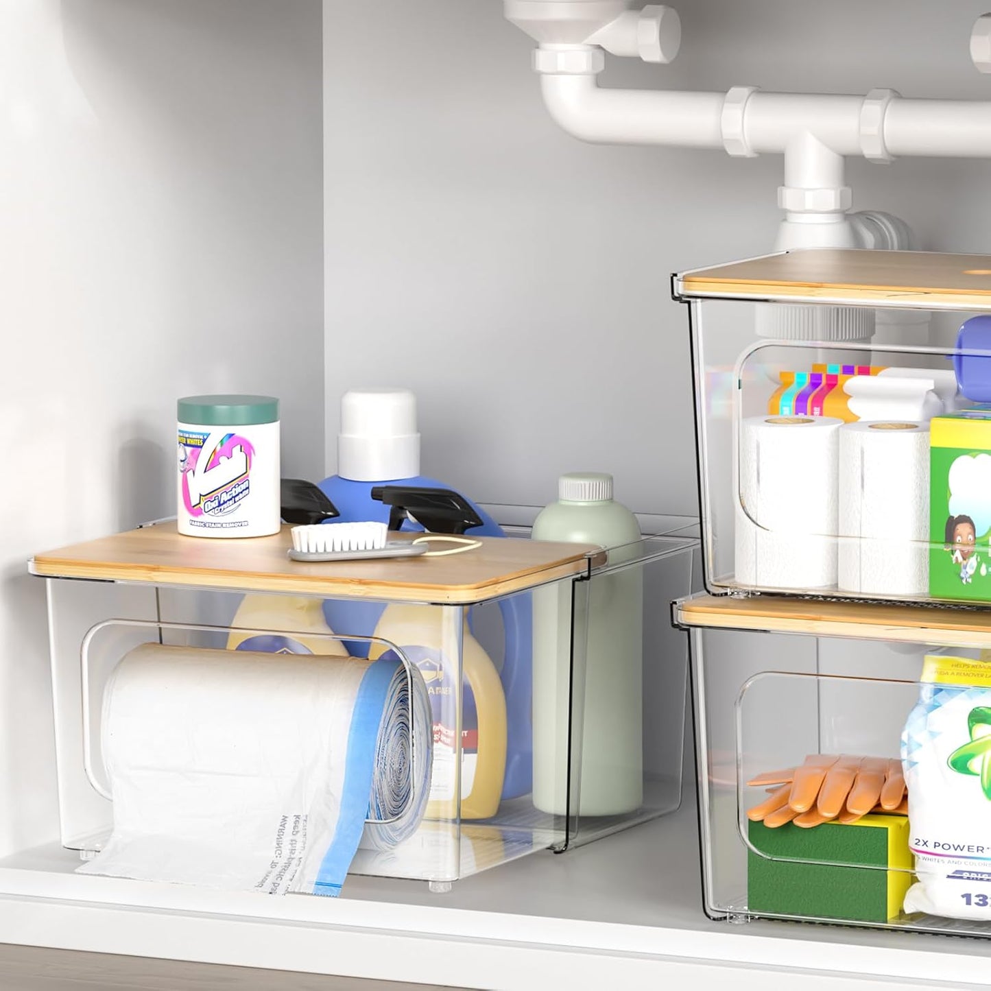 iCASA Trash Bag Dispenser Holder - 2 in 1 Acrylic Under Sink Organizer Garbage Bags Container with Bamboo Lid, Holds up to 100 Count 13/30/33 Gallon Bag Roll for Kitchen, Pantry, Laundry Room Storage
