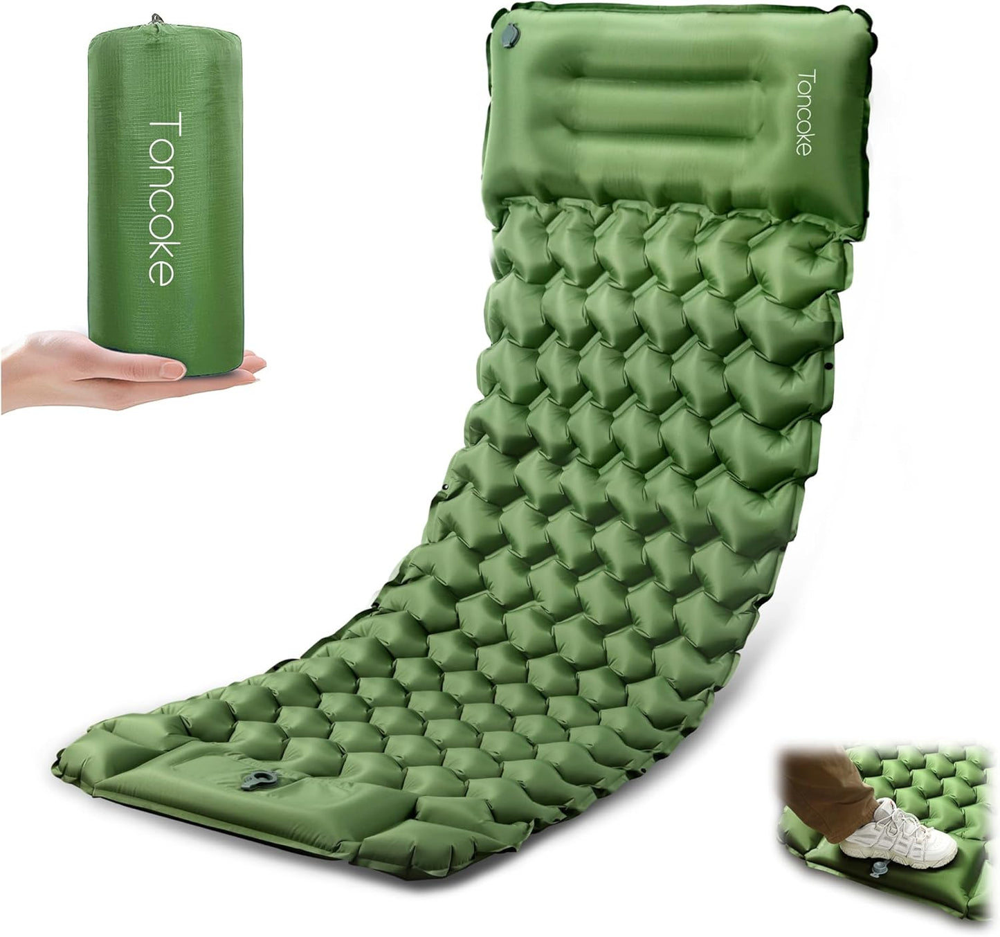 Toncoke Sleeping Pad, Extra Thick & Ultralight Inflatable Sleeping Pad with Pillow, 30s Foot Pump, 3.54” Camping Mat for Comfort, Durable for Camping, Hiking, Backpacking