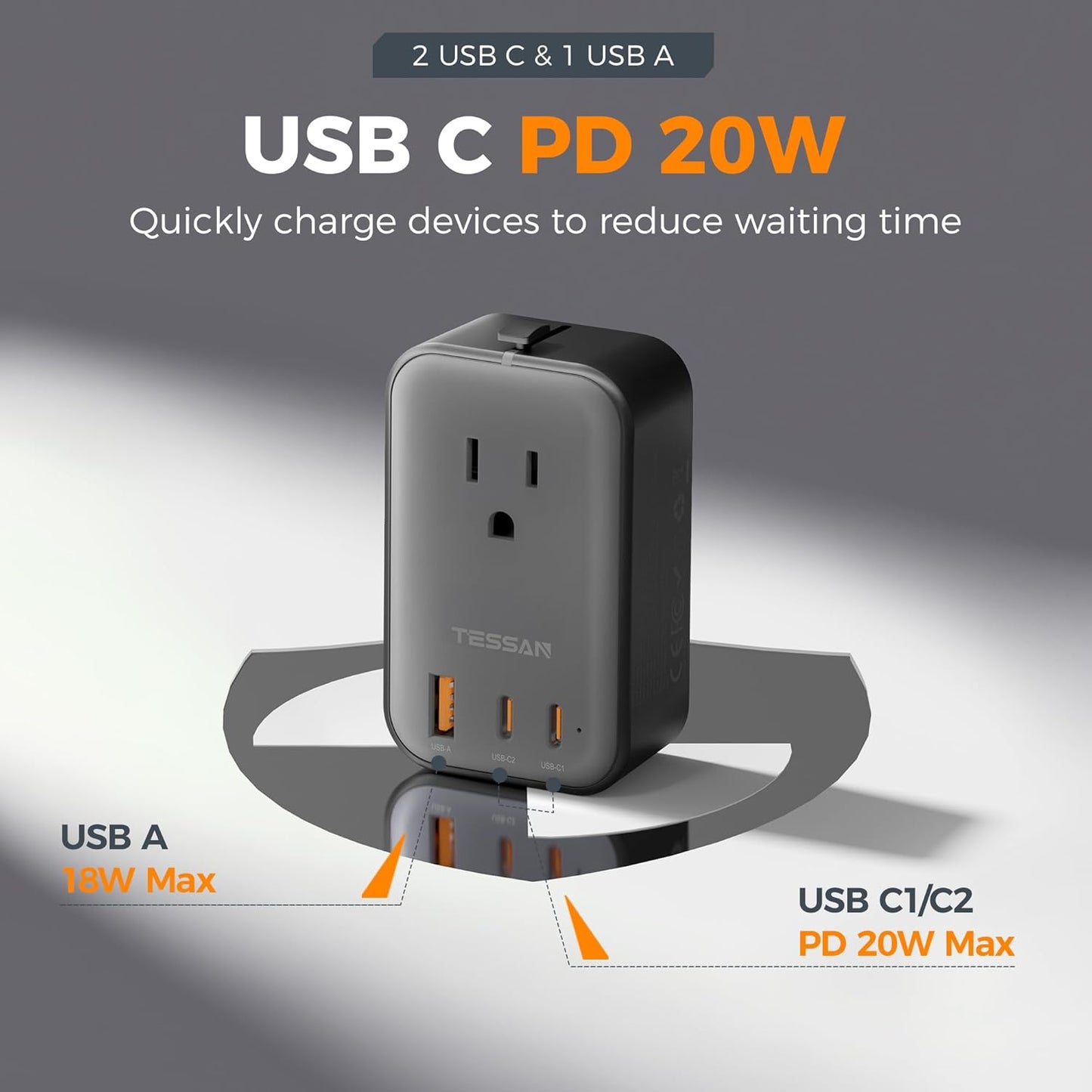TESSAN Travel Adapter 009, PD 20W Universal Power Adapter 2 USB C 1 USB A, Ultra Thin International Plug Adaptor Worldwide Outlet for US to European UK Italy Spain New Zealand (Type C G A I), 1 Pack