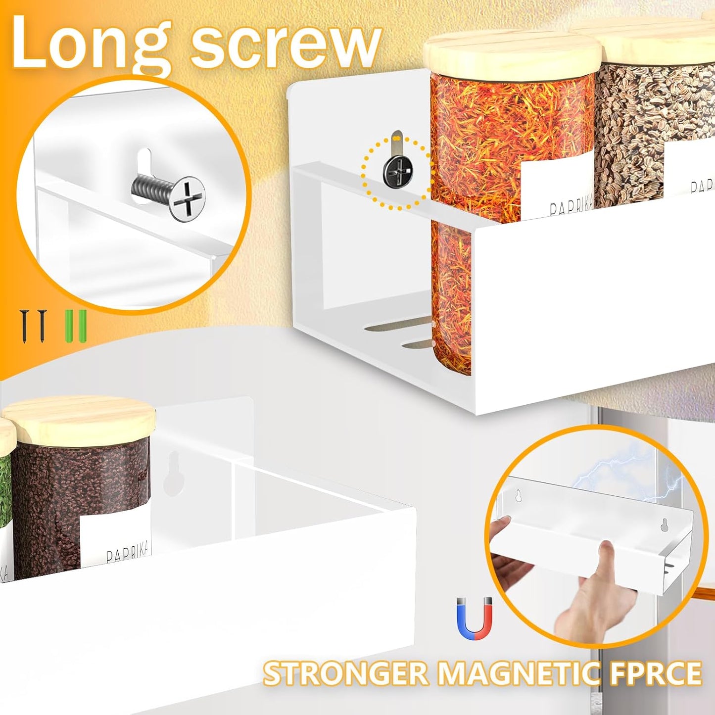 SMRCAD Magnetic Spice Rack Organizer for Fridge Seasoning Organizer for Kitchen storage with Screw Magnetic Shelf with Hook for Refrigerator and Oven (4pack1hook-White)