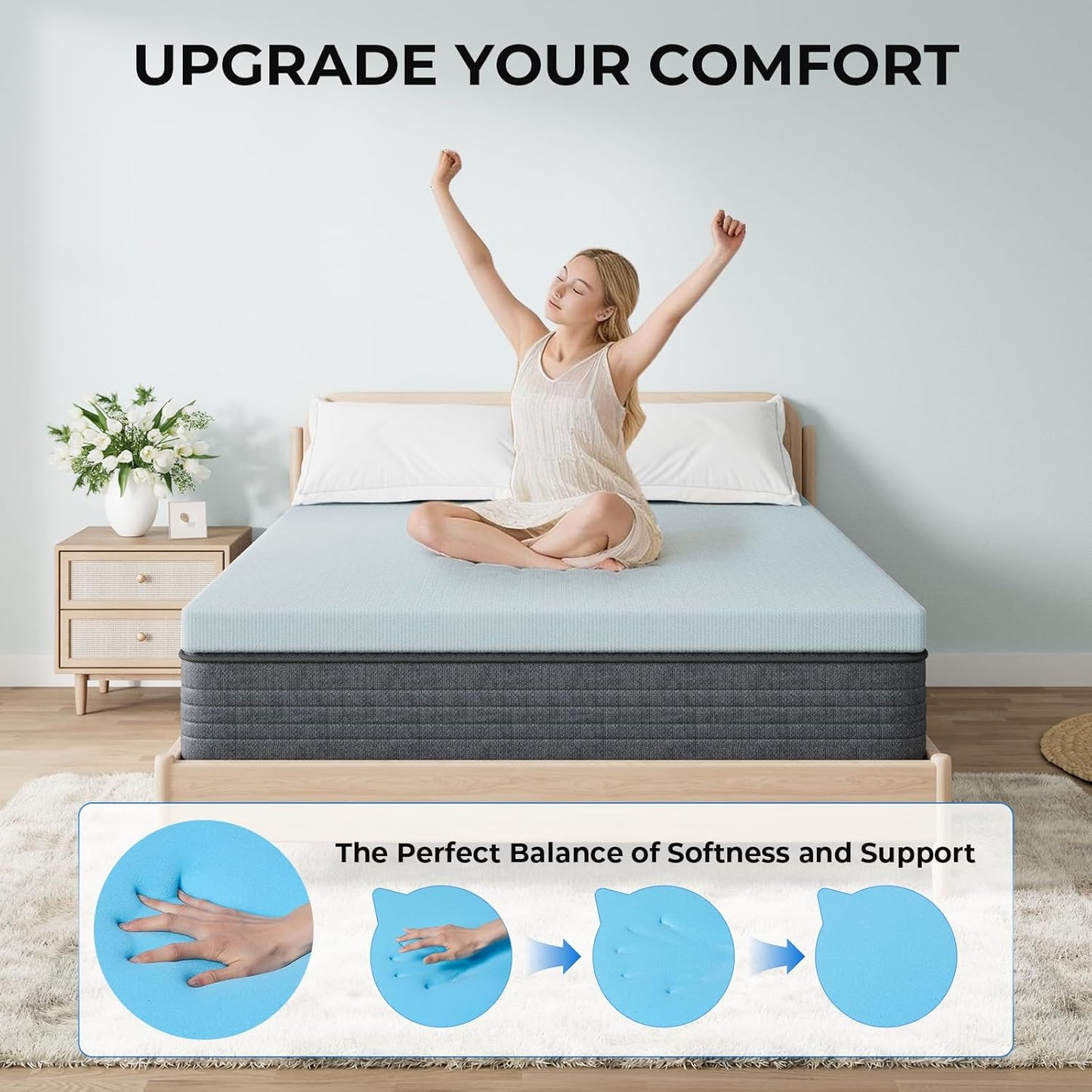 OhGeni 2 Inch Queen Memory Foam Mattress Topper Pad with Cover, Soft Bed Cover with Anti-Slip Base, Enhanced with Cooling Gel，Premium Comfort for Sleep & Back Pain Relief, Removable & Washable