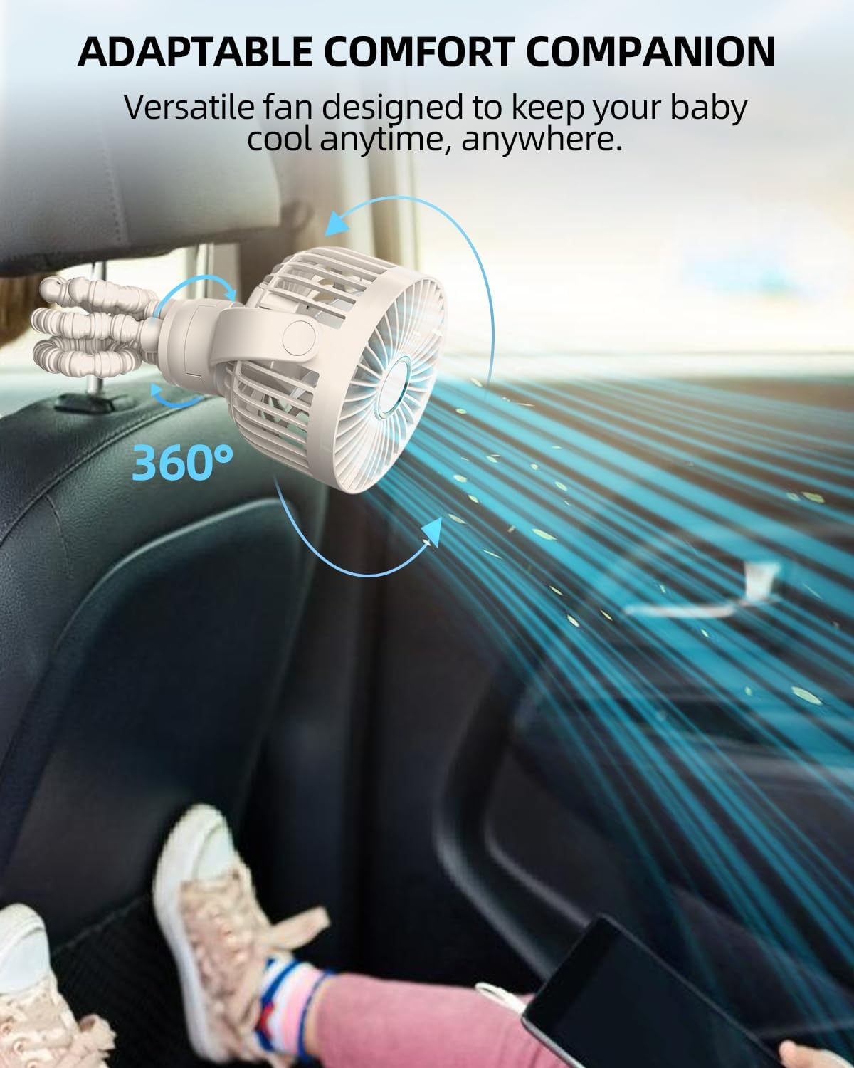 Portable Stroller Mini Fan, Small Rechargeable Personal Fan, Travel Essentials for Baby, Wagon, Car Seat, Treadmill, Battery Powered Biking Gear Accessories, 360° Rotation, 3-Speed, Display, Beige
