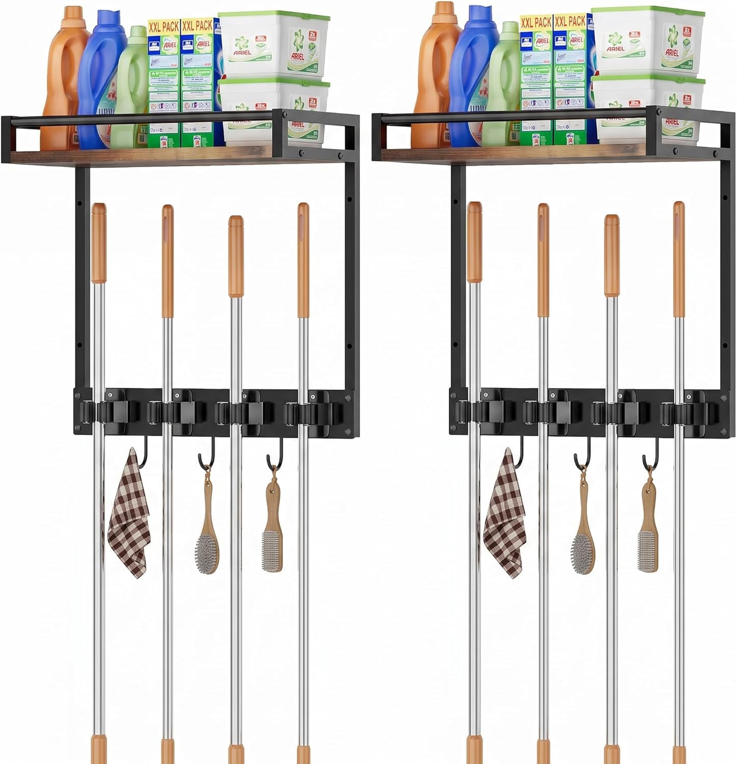 Broom Holder Wall Mount with Shelf Load 66LBS Broom and Mop Organizer Wall Hanging Broom Hanger with 4 Mop Hanger Grippers, 3 Hooks for Laundry Room, Garage, Utility Closet, Kitchen, 1 Pack