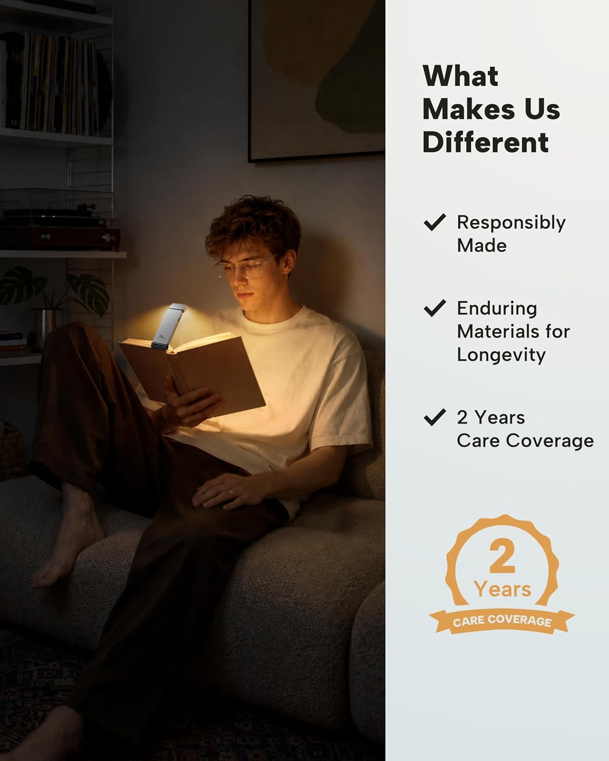 86lux Book Light, Rechargeable Clip-On LED Reading Light for Bed & Night Use - 3 Color Temperatures with Stepless Dimming, Ultralight Bookmark Design for Kids, Book Lovers, Silver