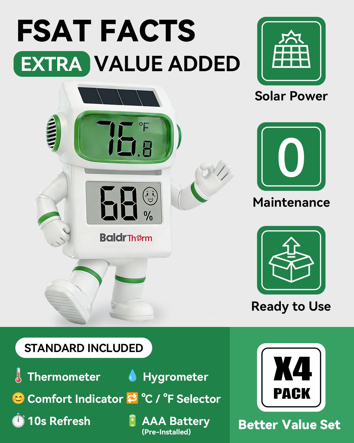 BALDR 4-Pack Digital Hygrometer Thermometer, Solar Power with Battery Backup Temperature and Humidity Monitor, Mini Room Thermometer with Comfort Indicator (White)
