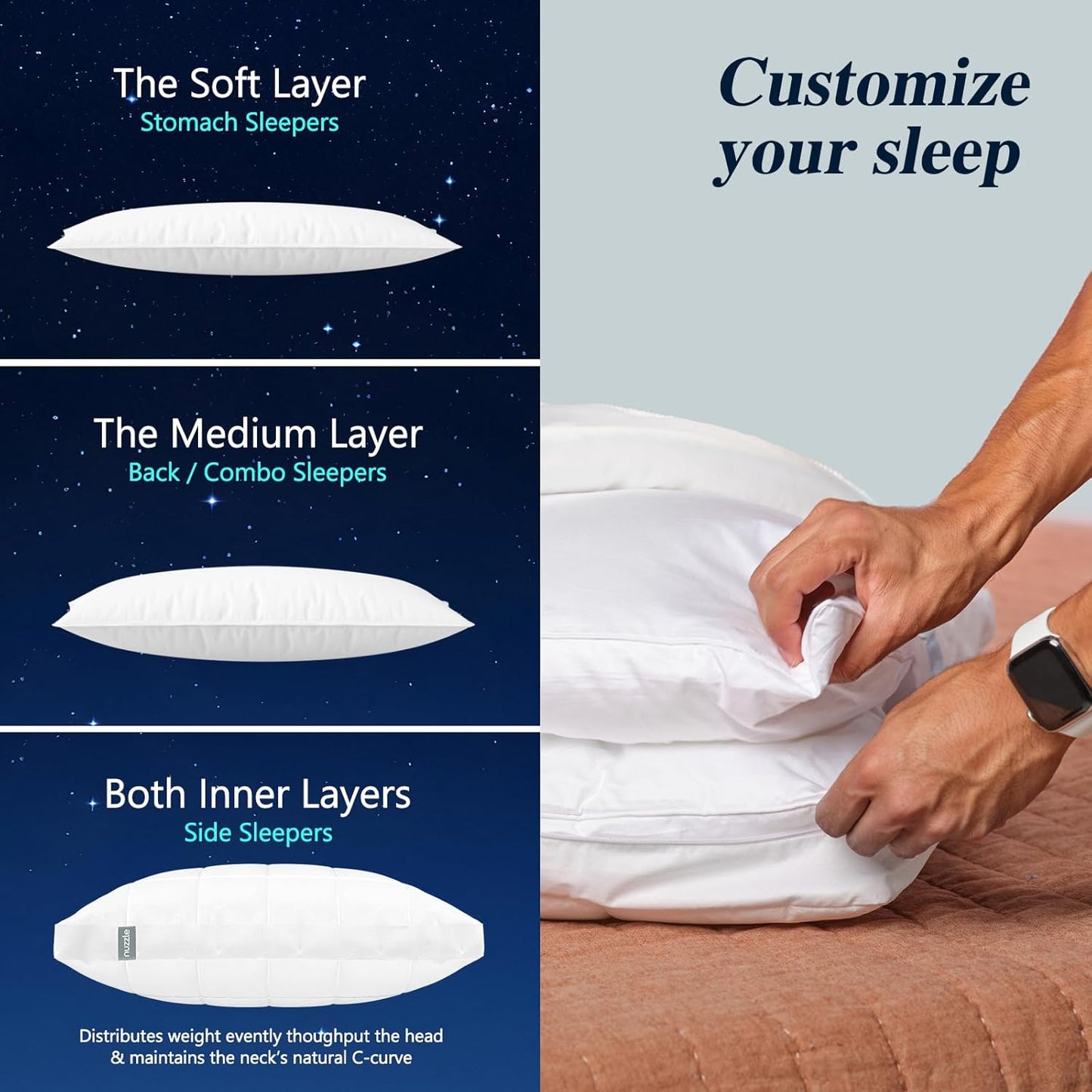 Nuzzle Adjustable Firm Pillow , Luxury Standard Size Bed Pillow Hotel Collection - Best Adjust Height Soft Cooling Pillow for Back, Stomach or Side Sleepers - Home Gifts