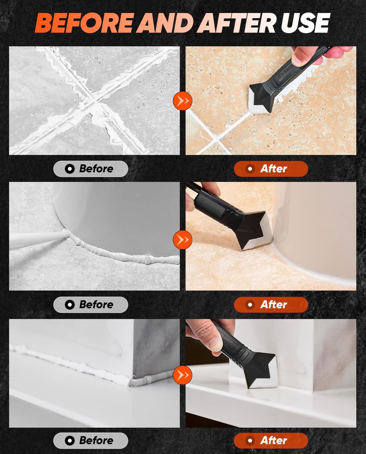 Saker Silicone Caulking Tool 3-in-1 Grout Removal Tool and Sealant Finishing Scraper with Stainless Steelhead, Caulk Remover and Seam Repair Kit for Bathroom, Kitchen, Floor, Window and Sink Joints