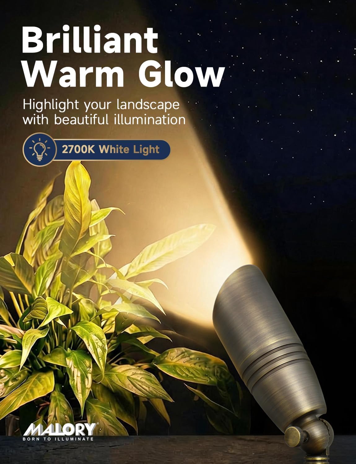 MALORY Brass Landscape Spotlights 4-Pack with Bulb Kit(S02), Low Voltage 12V AC/DC LED Outdoor Spot Uplights for House and Tree,PVC Ground Stake and Wire Connector Included, 5W 2700K Warm White