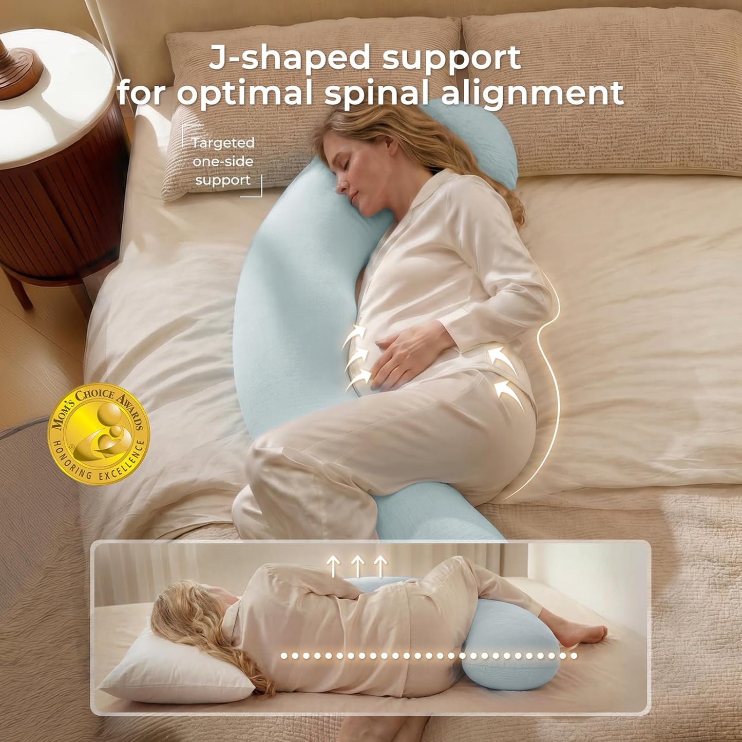 Momcozy Pregnancy Pillows for Side Sleeping, J Shaped Maternity Body Pillow for Pregnancy, Soft Pregnancy Pillow with Cotton Cover for Head Neck Belly Support, Blue