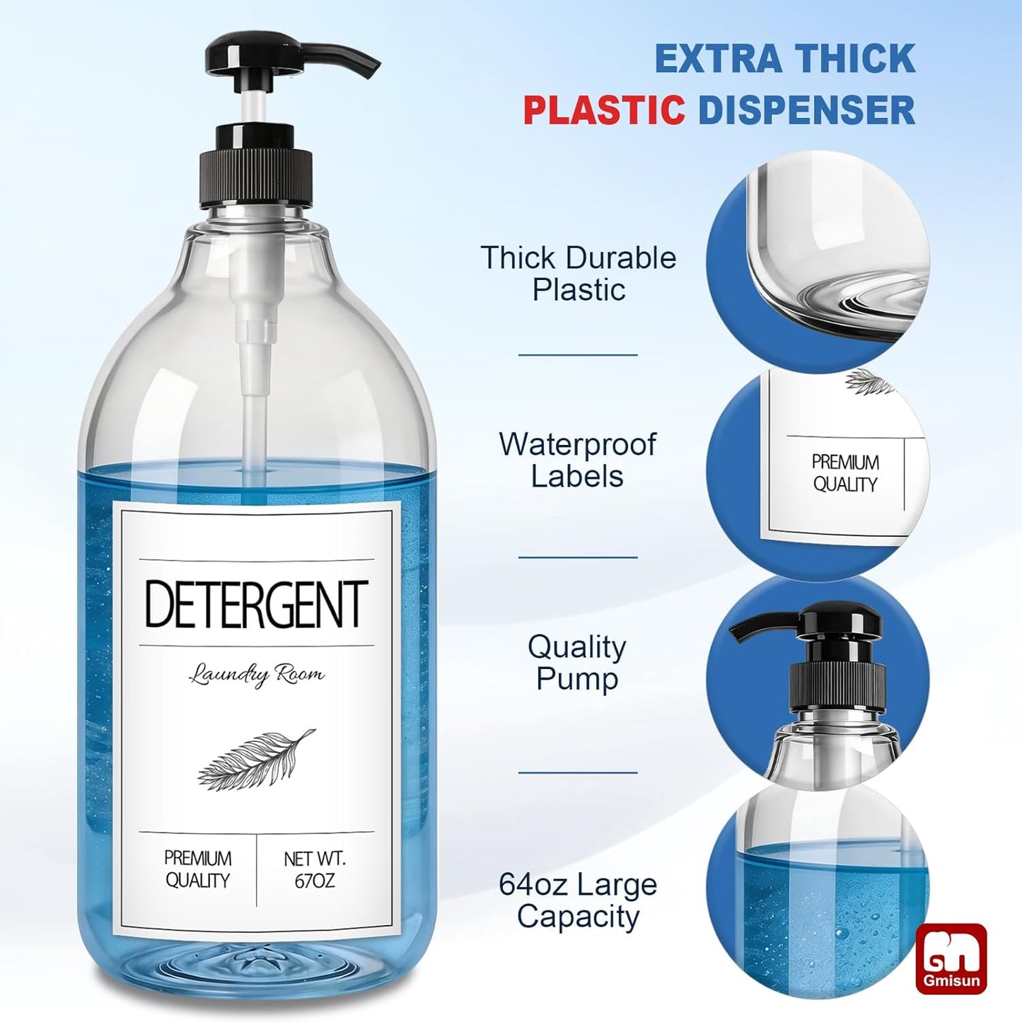 GMISUN Laundry Detergent Soap Dispenser, Liquid Laundry Detergent Dispenser, Container for Farmhouse Laundry Room Decor, Organizer for Liquid SoftenerBleach Heavy Duty Plastic Bottle(64 Oz 3 Pack)