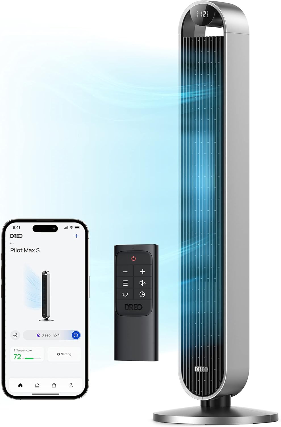 DREO Tower Fan for Bedroom, 42 Inch 120° Oscillating Fan, 20dB Quiet DC Motor, 28ft/s Velocity Bladeless Standing Fan with 12 Speeds, 4 Modes, 12H Timer Cooling Fans for Home, Living Room