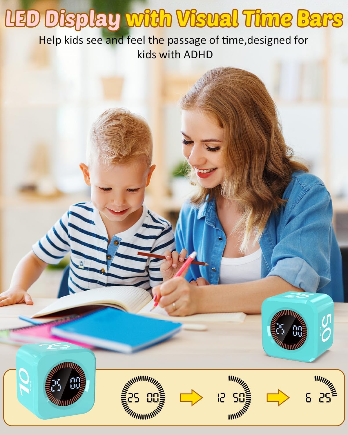 Digital Pomodoro Timer Cube 5/10/25/50min Preset, Silent & Sound Alarm