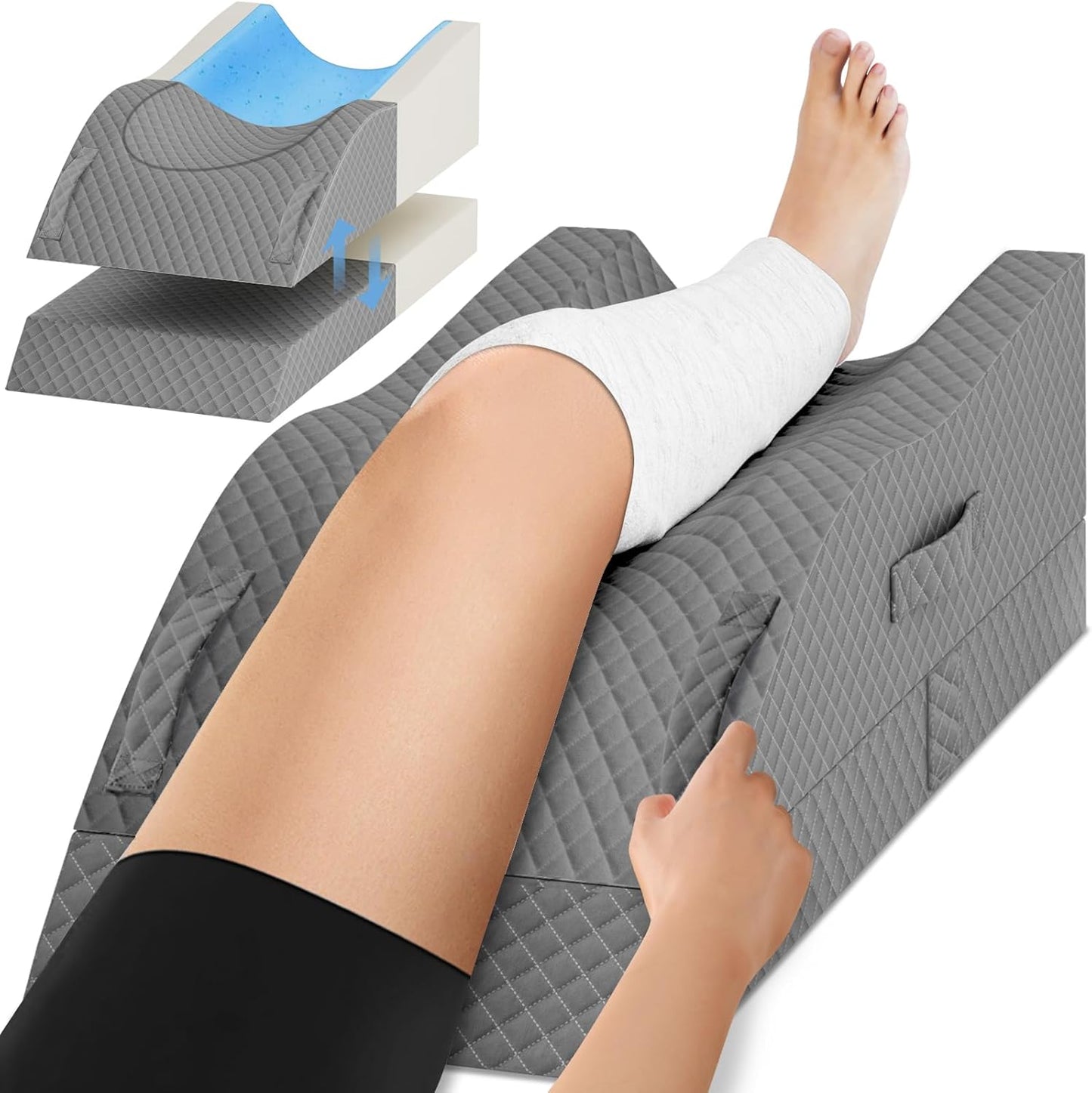 TranquilRelax Elevation Pillows for Leg After Surgery, Memory Foam Adjustable Wedge Pillow for Injury or Rest, Ankle Pillow for Sleeping Blood Circulation, Full Grey/Single Leg