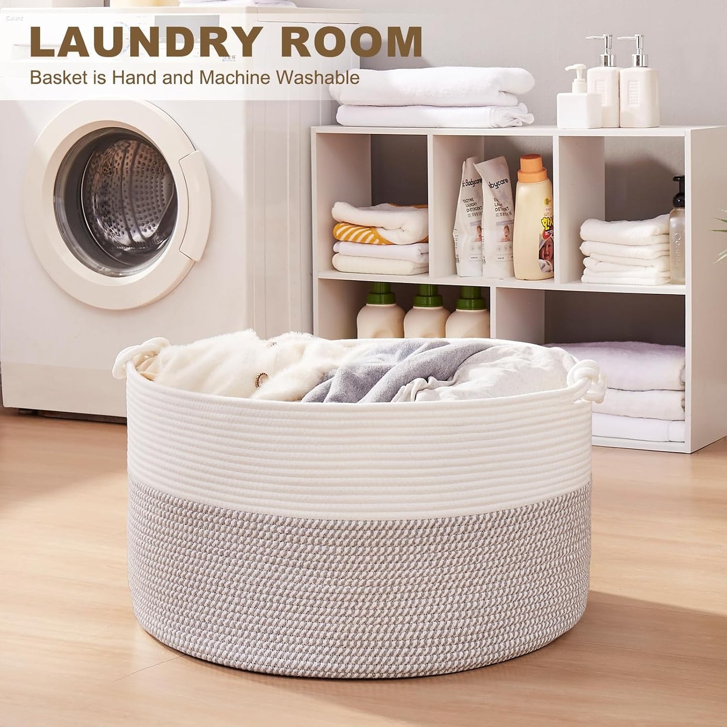OIASKET Large Blanket Storage Basket for Living Room, 22.8" x 22.8" x 13" Woven Cotton Rope Basket with Handles, Baby Toy Storage, Laundry Hamper for Clothes, Pillows, Towels-Grey and White