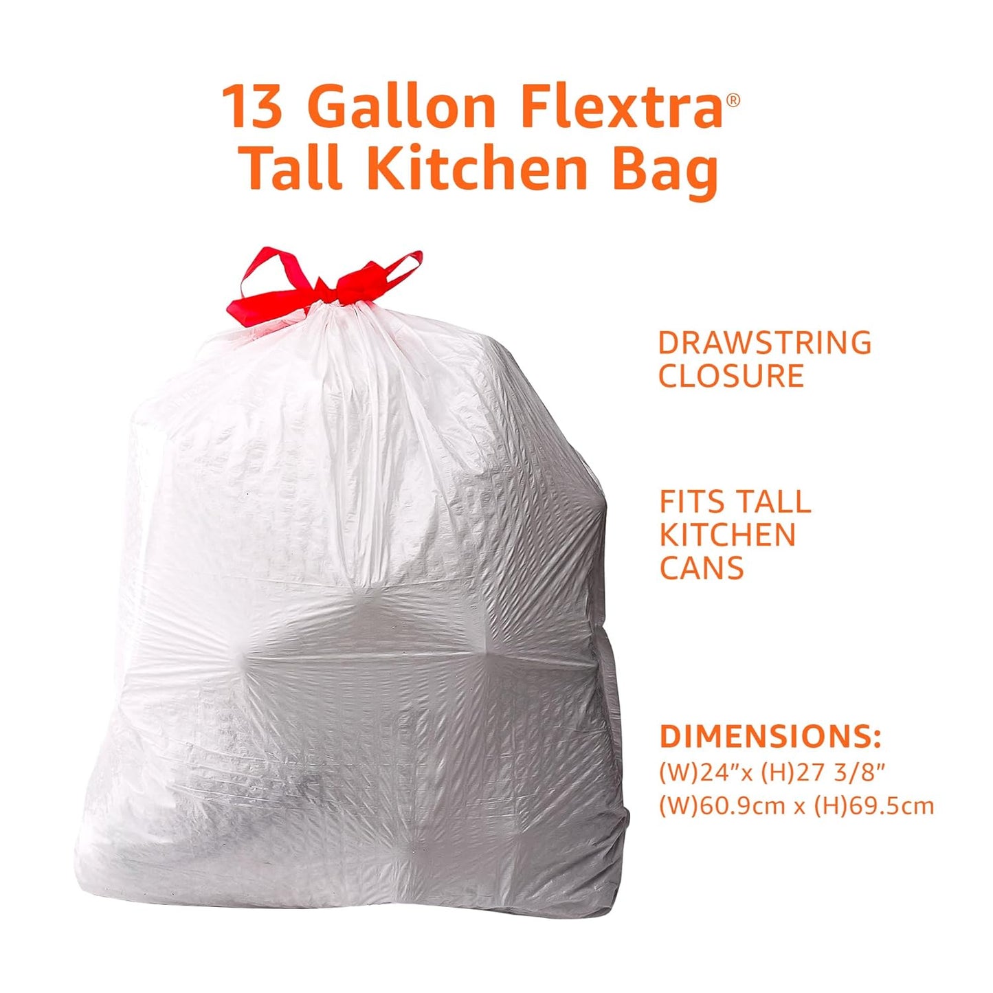 Amazon Basics Flextra Strength Tall Kitchen Drawstring Trash Bags, Fresh Scent, Tear Resistant, 13 Gallon, 120 Count