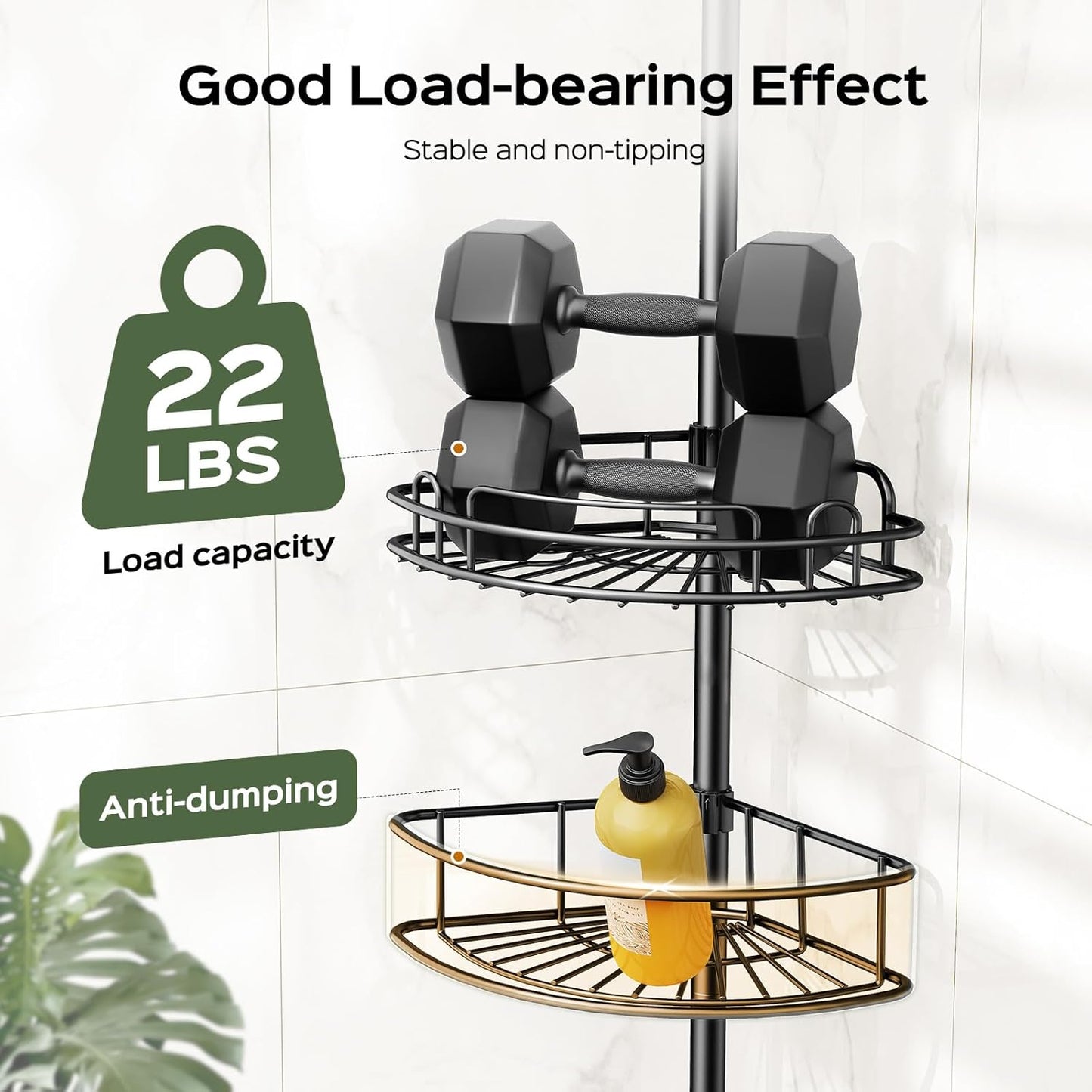 HAMITOR Corner Shower Caddy Tension Pole: 4-Tier Rust-Resistant Adjustable Bathroom Organizer Shelves - 47-121 Inch No-Drill Quick Installation - Space-Saving Storage for Renters Families - Black