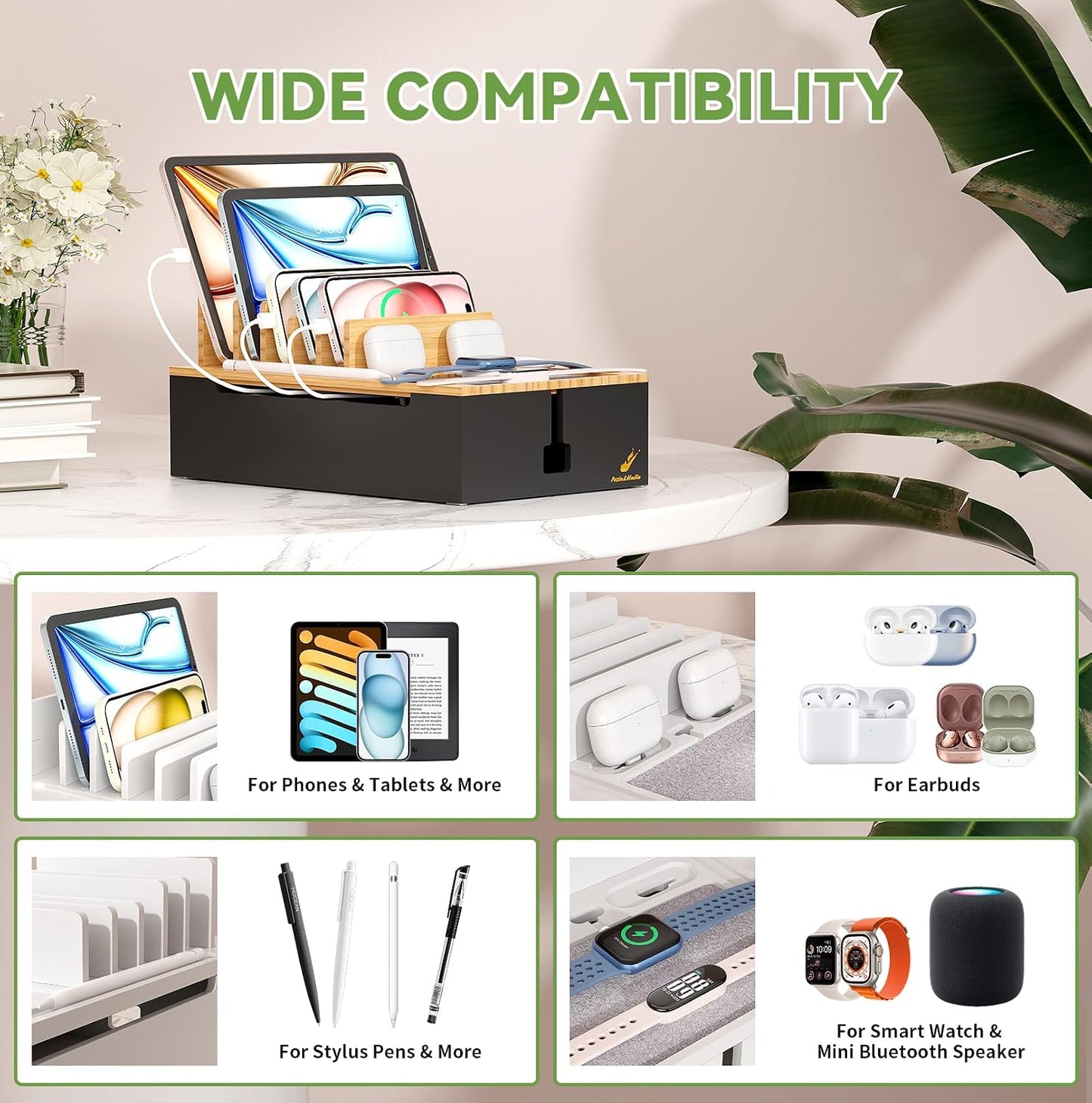 Pezin & Hulin Bamboo Charging Station for Multiple Devices-Natural+Black | USB Charger Dock Organizer, with Power Supply (10 Ports HUB), 6 Cables, Cable Management Organizer for Cell Phones, Tablet