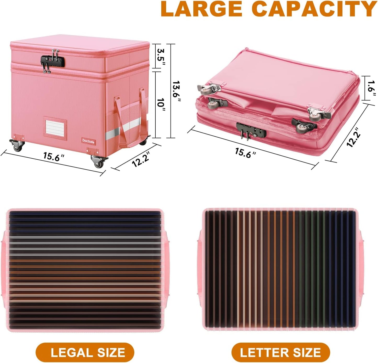 DocSafe File Box with Lock,2-Layer Fireproof Document Box with Wheels,Collapsible Rolling File Storage Organizer with Pockets,Large Portable Home Office Filing Cabinet Safe for Hanging Folders,Pink