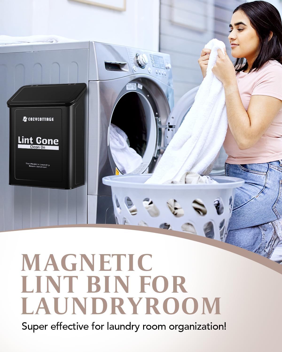 COZYCOTTAGE Magnetic Lint Bin for Laundry Room Organization and Storage With Brush & Hooks - Wall Mounted Dryer Lint Trash Can for Laundry Room Decor (Black)