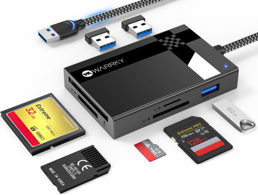 SD Card Reader 7 in 1, WARRKY [Dual Connector USB3.0, 2.5FT Nylon Cable]