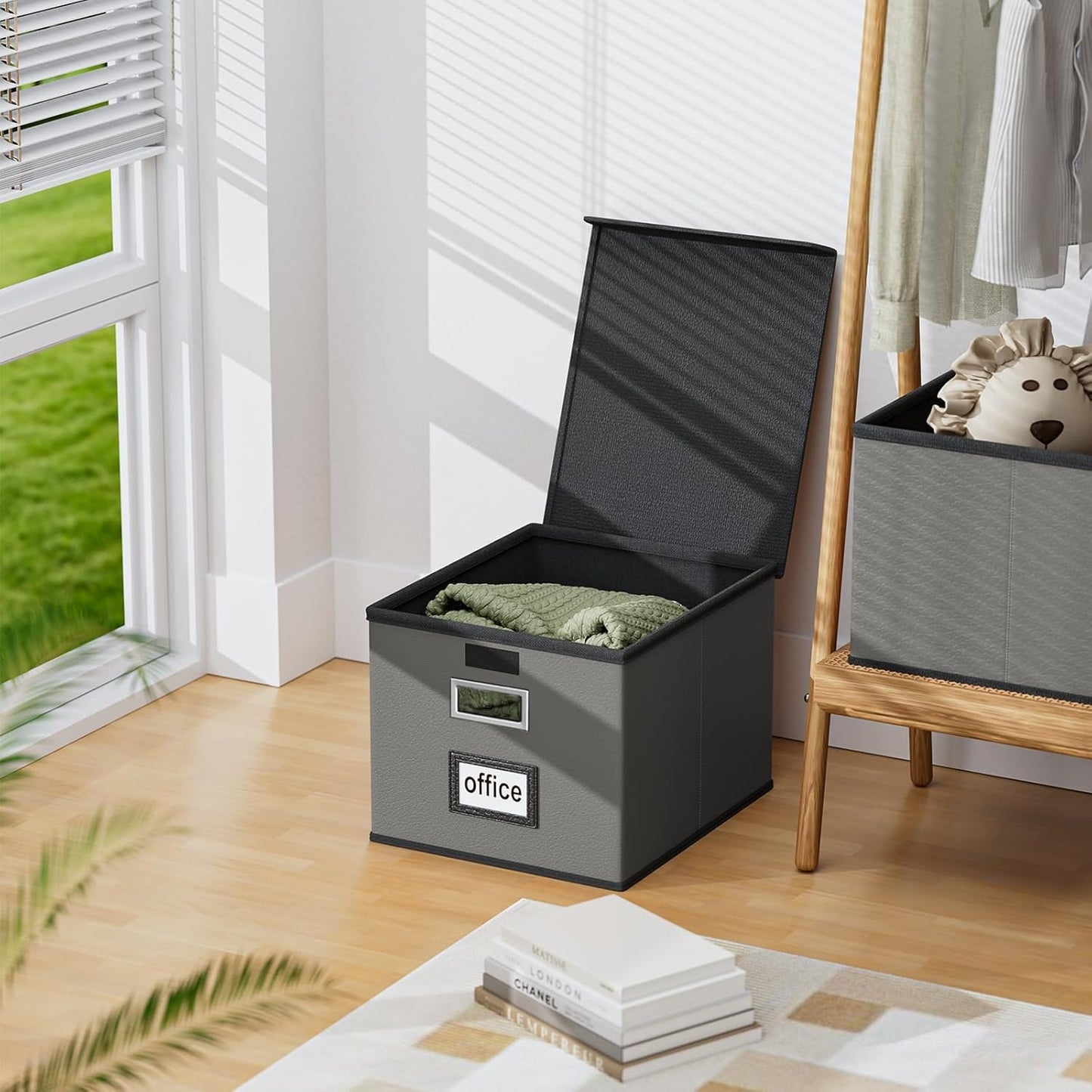 Faux Leather File Organizer Box with Lid, Collapsible Hanging File Folder Box Organizer with Plastic Slides, Decorative Home/Office Filing System Boxes for File and Folders Storage