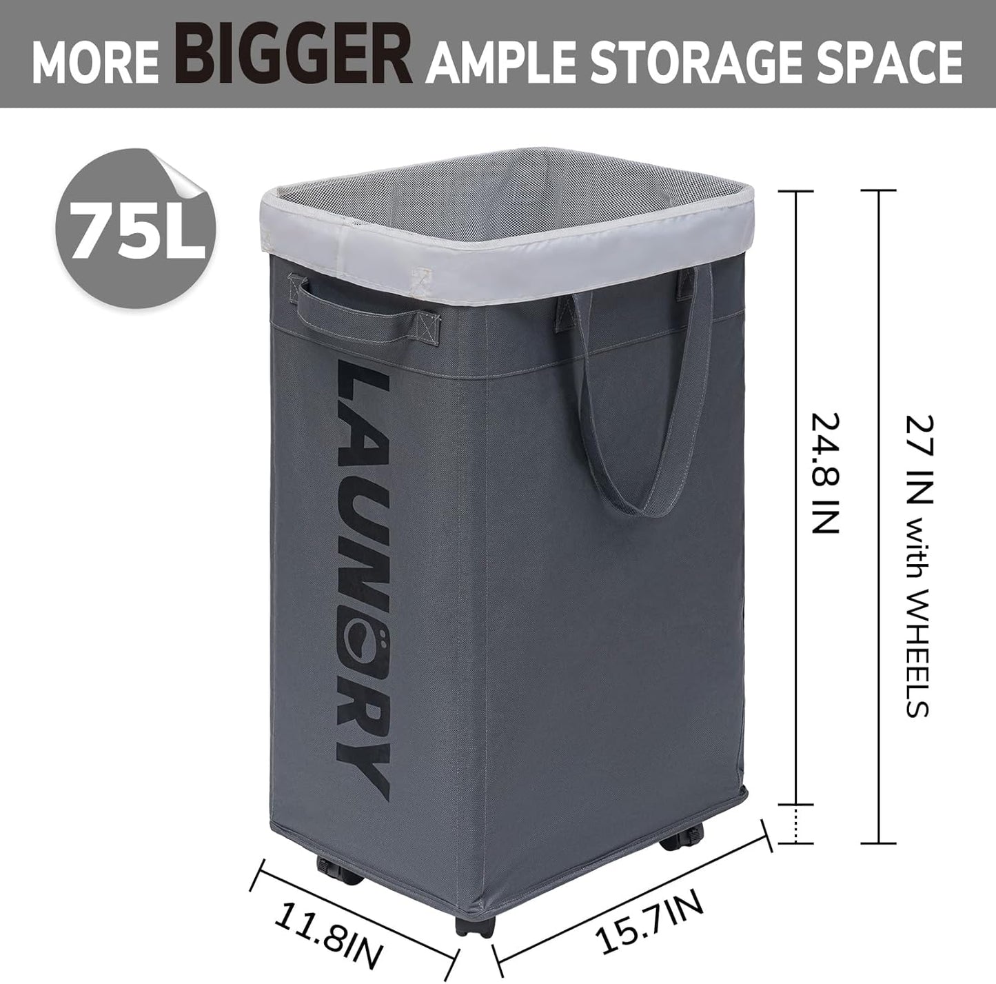 Goodpick Laundry Basket with Wheels, Laundry Hamper with Removable Wash Bag, Clothes Hamper, Rolling Laundry Basket, Dorm Room Essentials, 75L, Grey