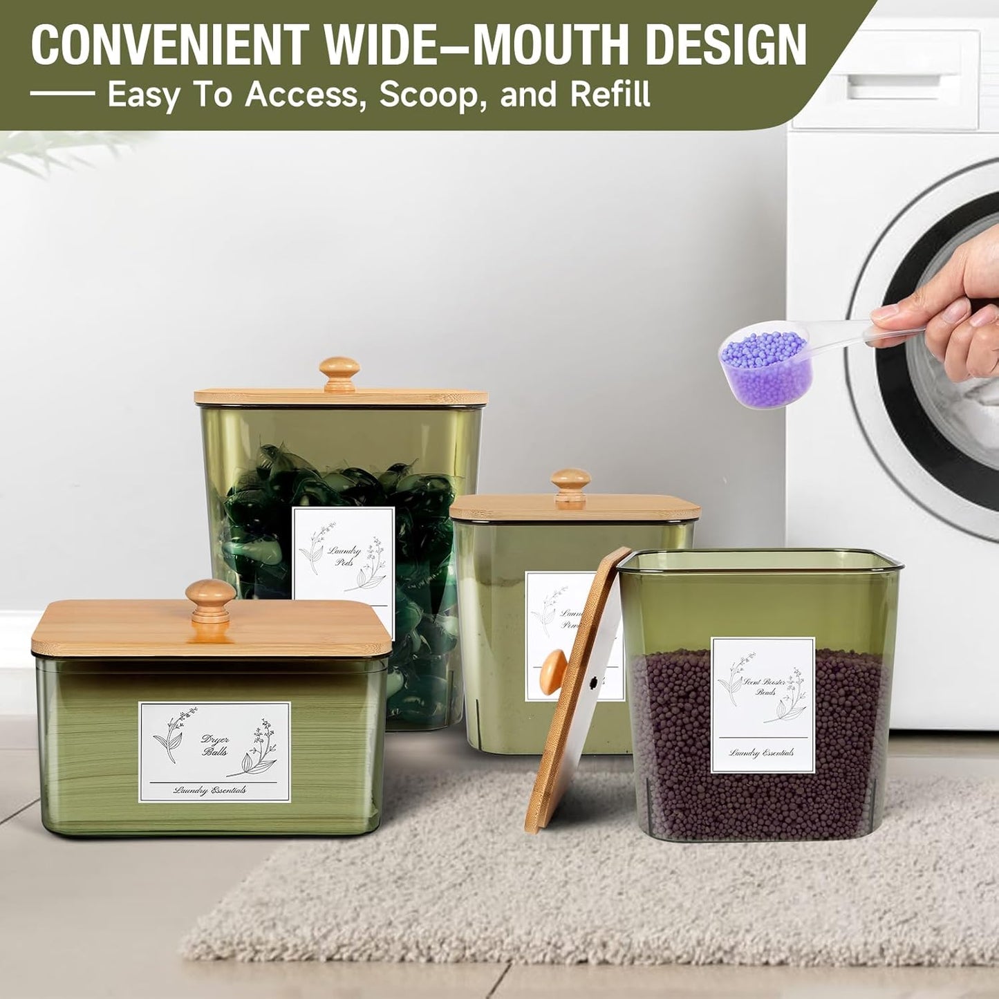 Zingbee 4 Pack Laundry Pods Container & Dryer Sheet Holder, Plastic Pod Holder with Lids & Scoops, Laundry Room Organization and Storage Sets for Powder, Detergent, Scent Booster