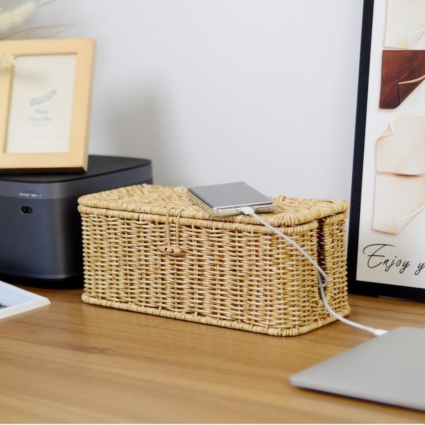 Cable Management Box, Cord Organizer with Lid & Cable Ties - Natural Set | Handmade Open Slots Cord Hider Outlet Covers for Power Strip TV PC Router Charger Under Desk Storage