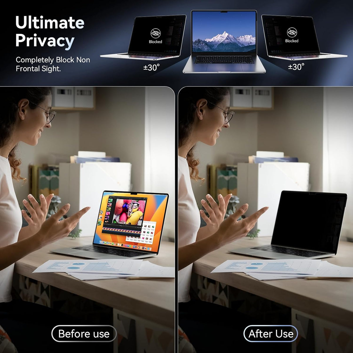Privacy Screen Protector Compatible with MacBook Air 13.6 Inch (2022-2026), Easy On/Off Removable Anti Spy Blue Light Glare Shield Film Laptop Privacy Filter for Apple Mac Air 13" M2 (A2681 A3113 A3240 A3449)